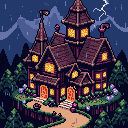 Pixel art haunted house scene