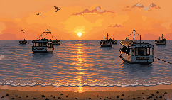 Pixel art of fishing boats on a bay at sunset